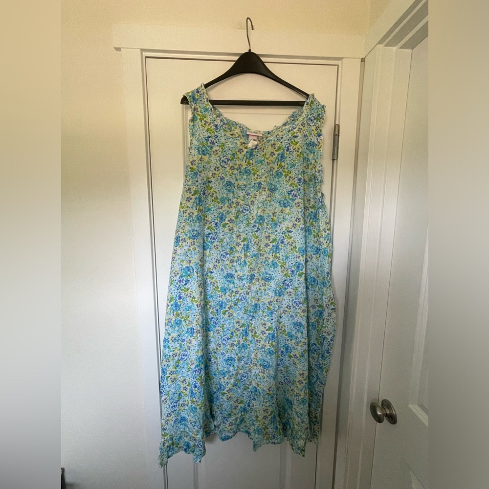 Blue and green floral nightgown with cute bow and ruffle hem